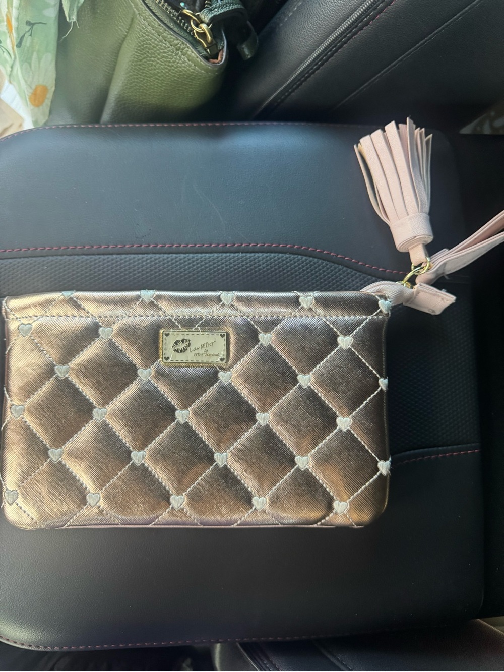 Betsey Johnson Metallic Rose Gold Quilted Wristlet Clutch with Tassel